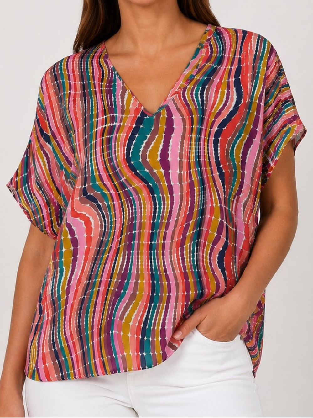 Entro Multicolor Retro Wavy Print Blouse Plus Size 2X